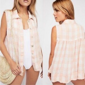 Free People Hey There Sunrise Pink Gingham Plaid Top Lightweight Double Layer M